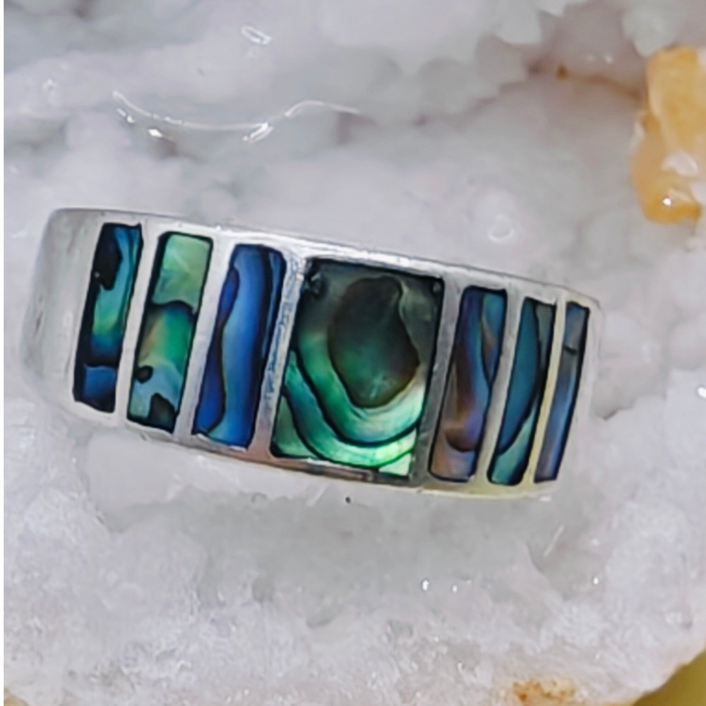 NF Thailand 925‎ Sterling Silver Abalone Shell Inlay Mosaic Band Ring Size 7.5